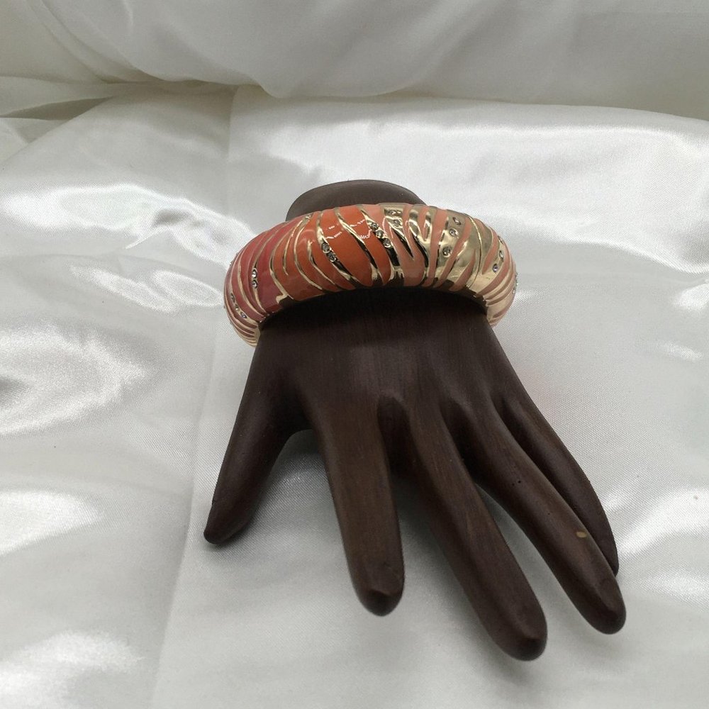 Signed Bangle Bracelet Hinged Peach and Gold Tone Wear w/Orange Necklace/Rarring